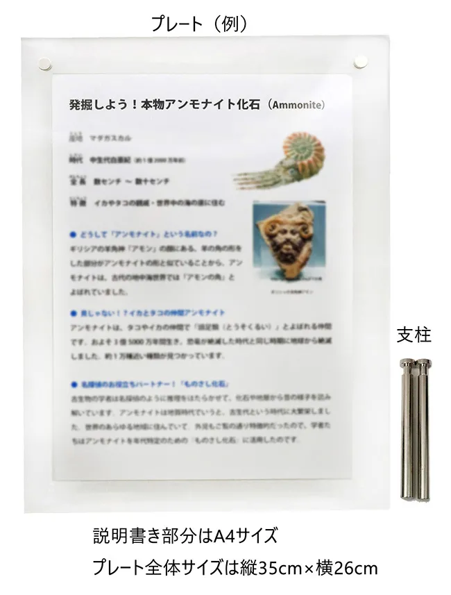 説明プレート（幅26ｃｍ×高35ｃｍ×奥行8ｃｍ）と支柱