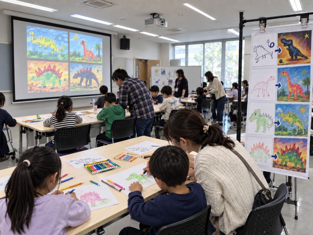 参加者の作品を会場のスクリーンに表示。完成したアートをみんなで楽しめます。