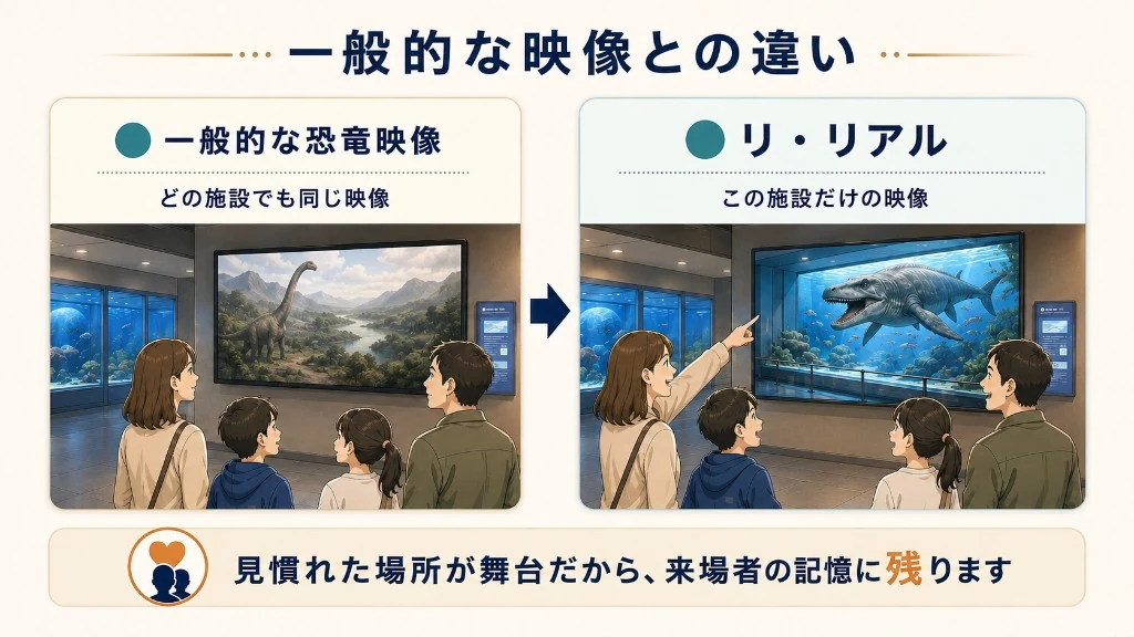 一般的な恐竜映像は、どの施設でも同じ映像です。リ・リアルは、来場者が知っている「この場所」が舞台になります。
