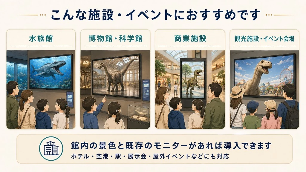 水族館、博物館・科学館、商業施設、観光施設・イベント会場。館内の景色と既存のモニターがあれば導入できます。