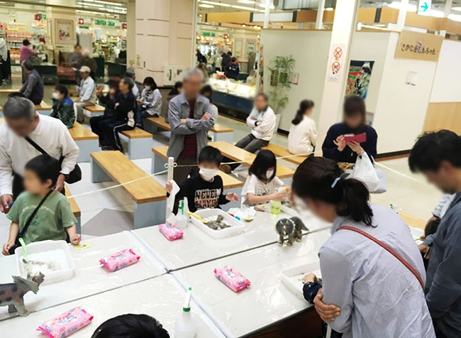 アンモナイト発掘体験会場。親子で楽しめるワークショップ。