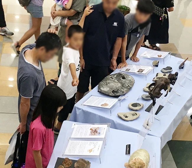 子どもから大人まで、三世代で楽しめる恐竜イベント。恐竜の解説パネルをじっくり読んでいただいています。