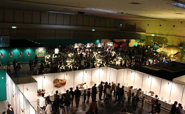 化石の展示物に見入る参加者。