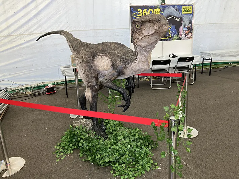 全長3メートルの実寸大デイノニクス精巧フィギュアを展示。大人気の写真撮影スポットです。